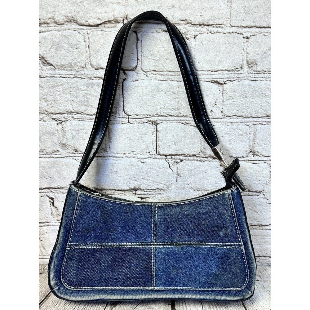 Patchwork Denim Shoulder Bag‎ Jean Purse Black Faux Leather Strap 2000s - Picture 2 of 6